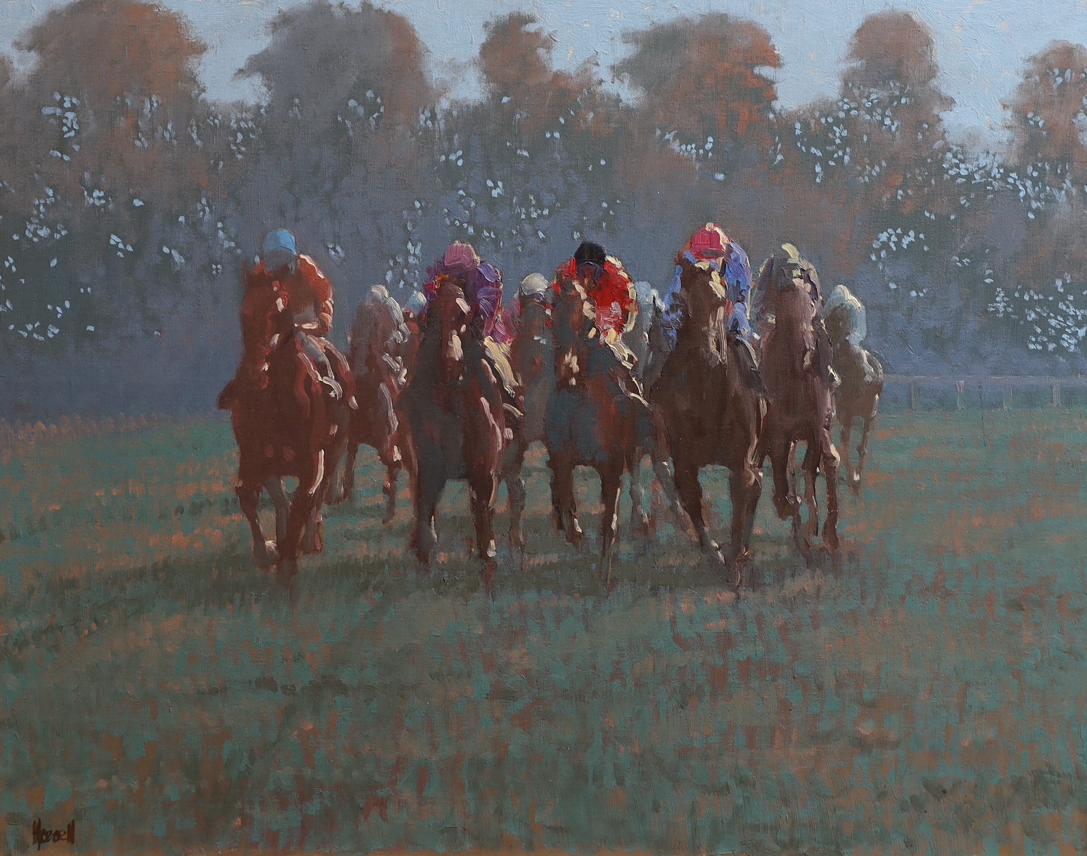 Peter Howell (b.1932), Racehorses on the straight, oil on canvas, 60 x 75cm